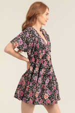 Black & Purple Chrysanthemum Smocked Dress