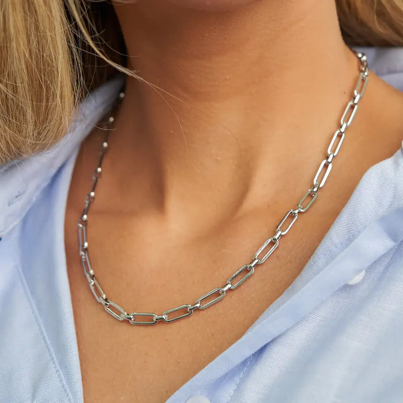 Waterproof Silver Paperclip Chain Necklace