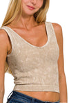 Washed Ribbed Cropped Bra Padded V-neck Tank Top: SAND BEIGE / 3-3 (S/M-L/XL)