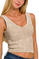 Washed Ribbed Cropped Bra Padded V-neck Tank Top: ASH OLIVE / 3-3 (S/M-L/XL)