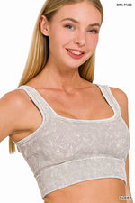 Washed Ribbed Square Neck Cropped Tank Top With Bra Pads: LT NAVY / 3-3 (S/M-L/XL)