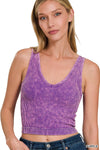 Washed Ribbed Cropped Bra Padded V-neck Tank Top: LT INDIGO / 3-3 (S/M-L/XL)