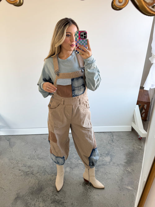 Khaki Patchwork Balloon Leg Overalls