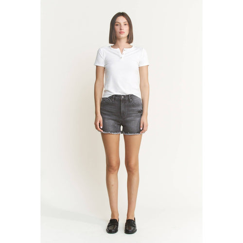 Mica Super High Rise Distressed Shorts: Washed Black
