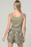 Lace Trim Elastic Floral Shorts: Olive