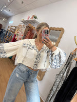 Cropped Coastal Hoodie Shacket: Blue/Cream