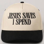 JESUS SAVES I SPEND Embroidery Trucker Hat: SKY BLUE / ONE SIZE