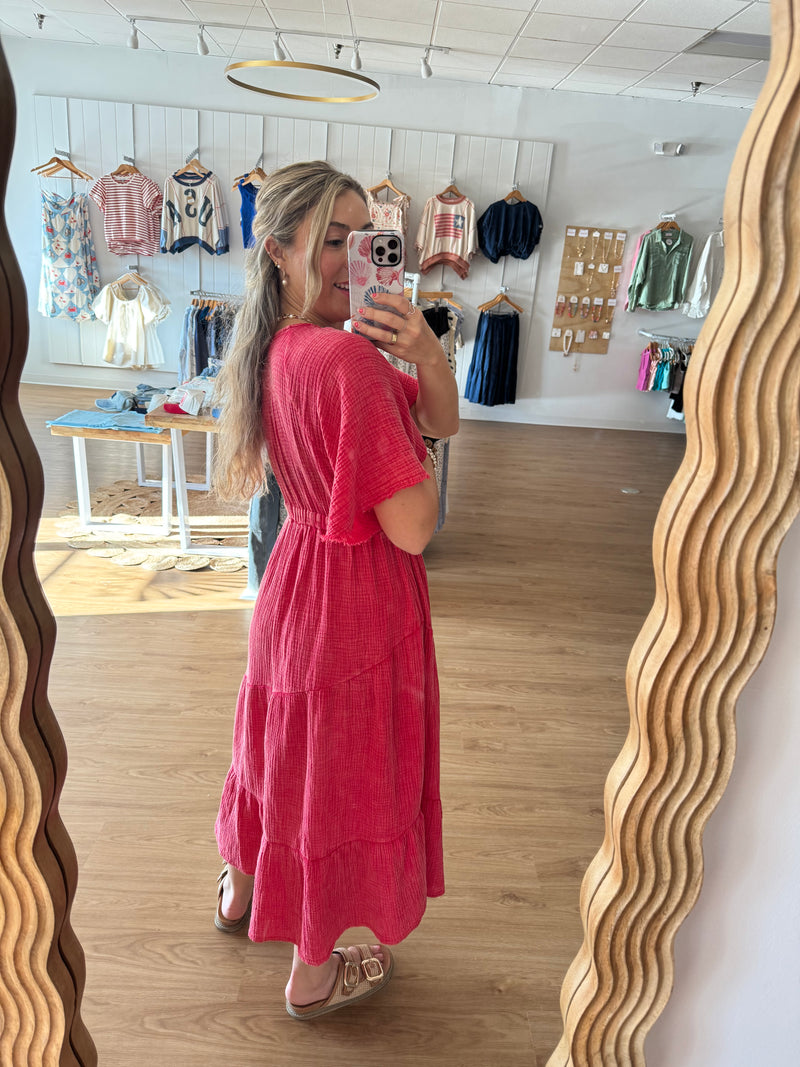 Berry Linen Kimono Sleeve Midi Dress