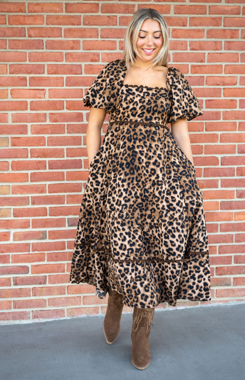 Leopard & Scallop Puff Sleeve Midi Dress