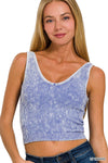 Washed Ribbed Cropped Bra Padded V-neck Tank Top: LT INDIGO / 3-3 (S/M-L/XL)