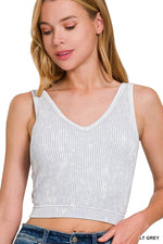 Washed Ribbed Cropped Bra Padded V-neck Tank Top: LT INDIGO / 3-3 (S/M-L/XL)