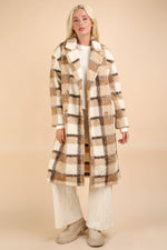 City Style Plaid Fuzzy Button Down Coat: Mocha