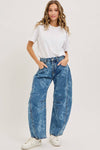 Denim Washed Floral Print Barrel Jeans