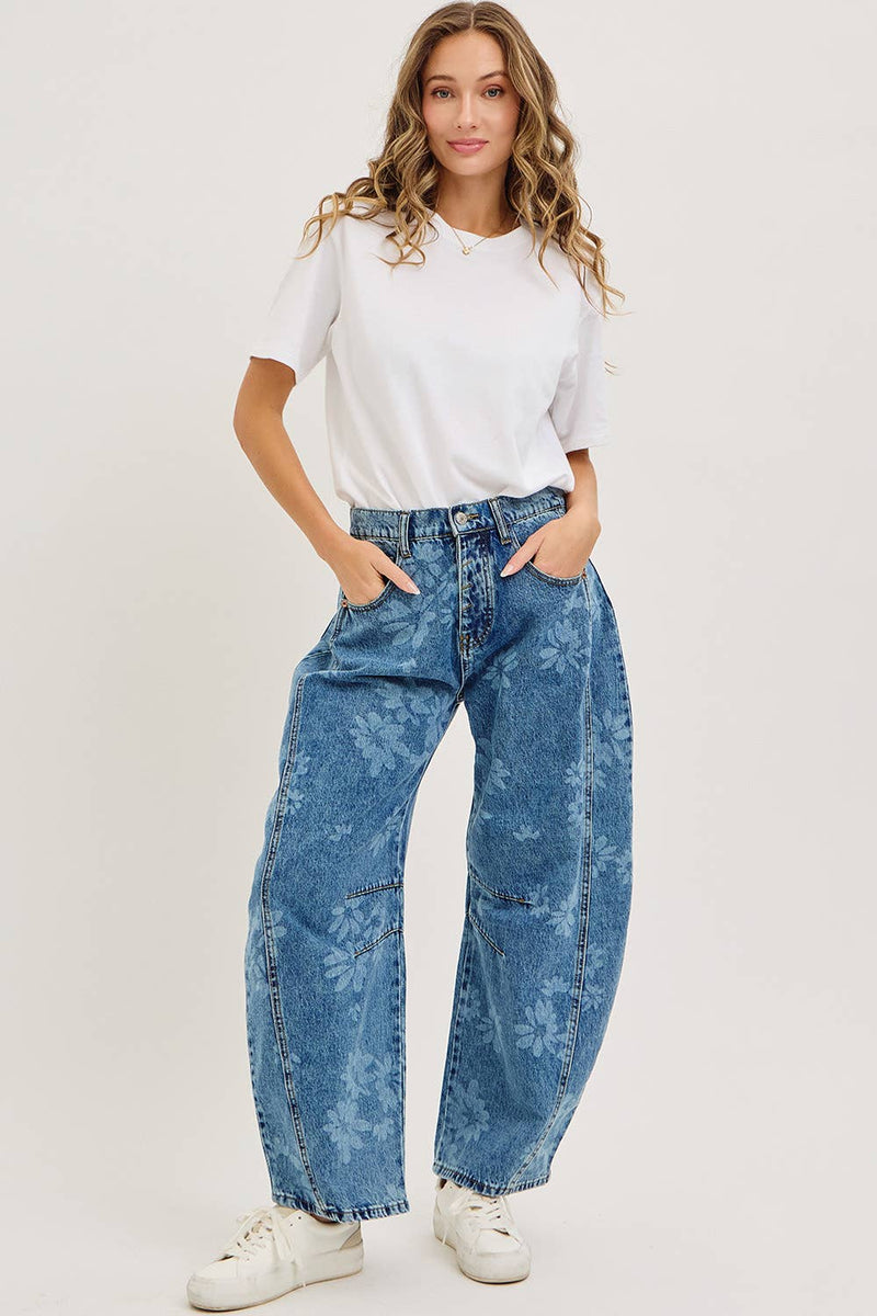 Denim Washed Floral Print Barrel Jeans