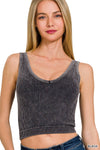 Washed Ribbed Cropped Bra Padded V-neck Tank Top: LT INDIGO / 3-3 (S/M-L/XL)