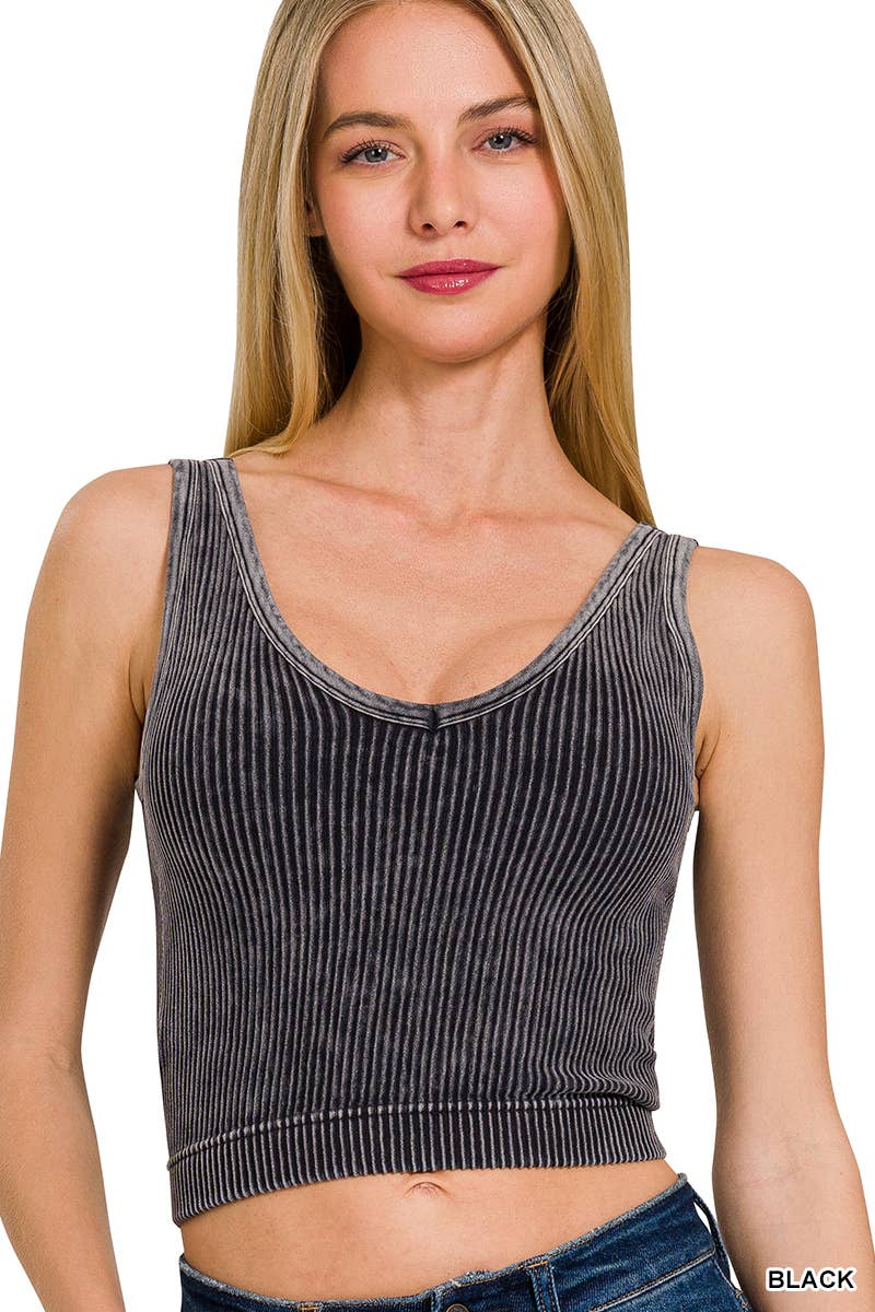 Washed Ribbed Cropped Bra Padded V-neck Tank Top: ASH OLIVE / 3-3 (S/M-L/XL)