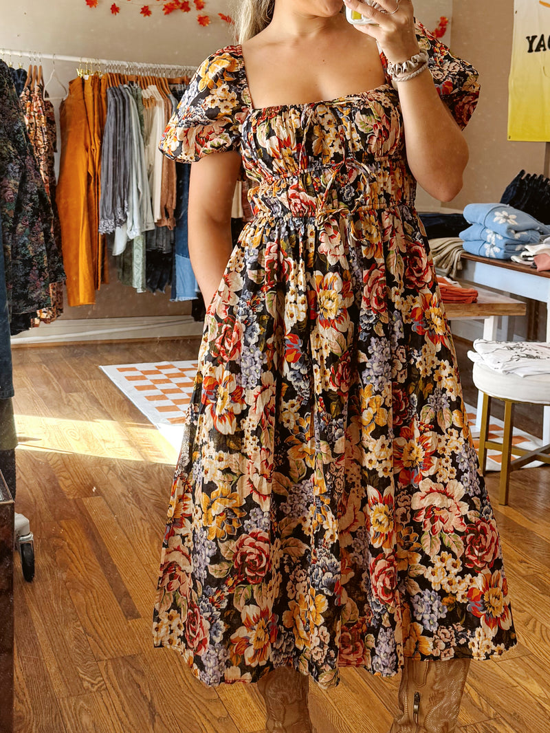 Fall Sun Harvest Midi Smocked Floral Dress