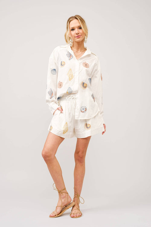 23254SET - Linen Blend Seashell Embroidered Button-Up Set: OFF WHITE / S