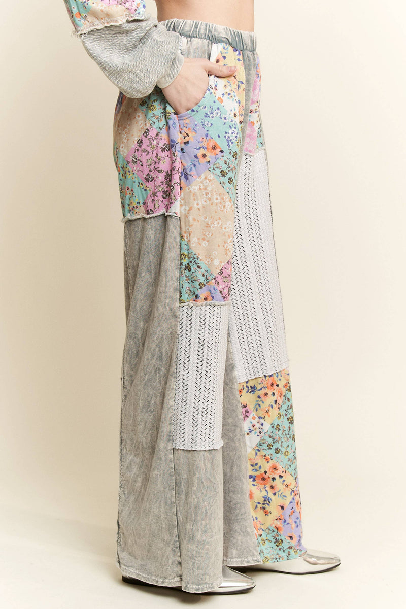 Mineral Washed Floral WaveKnit Jacquard Boho Pants HP6106: Natural / S-M-L / 2-2-2