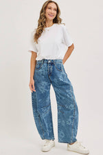 Denim Washed Floral Print Barrel Jeans