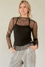 PLUS TURTLE NECK LACE STRETCH MESH SHEER TOP: Black / 1XL