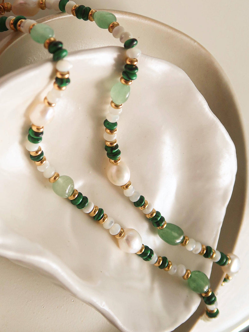 18K Non Tarnish Bohemian Rose Pearl and Bead Necklace