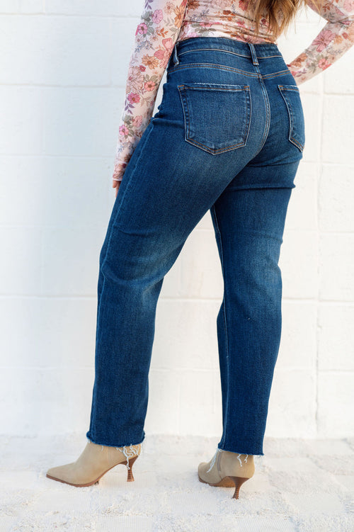 RISEN High Rise Slim Barrel Jean: Dark Wash