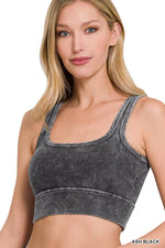 Washed Ribbed Square Neck Cropped Tank Top With Bra Pads: LT NAVY / 3-3 (S/M-L/XL)