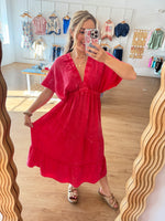 Berry Linen Kimono Sleeve Midi Dress