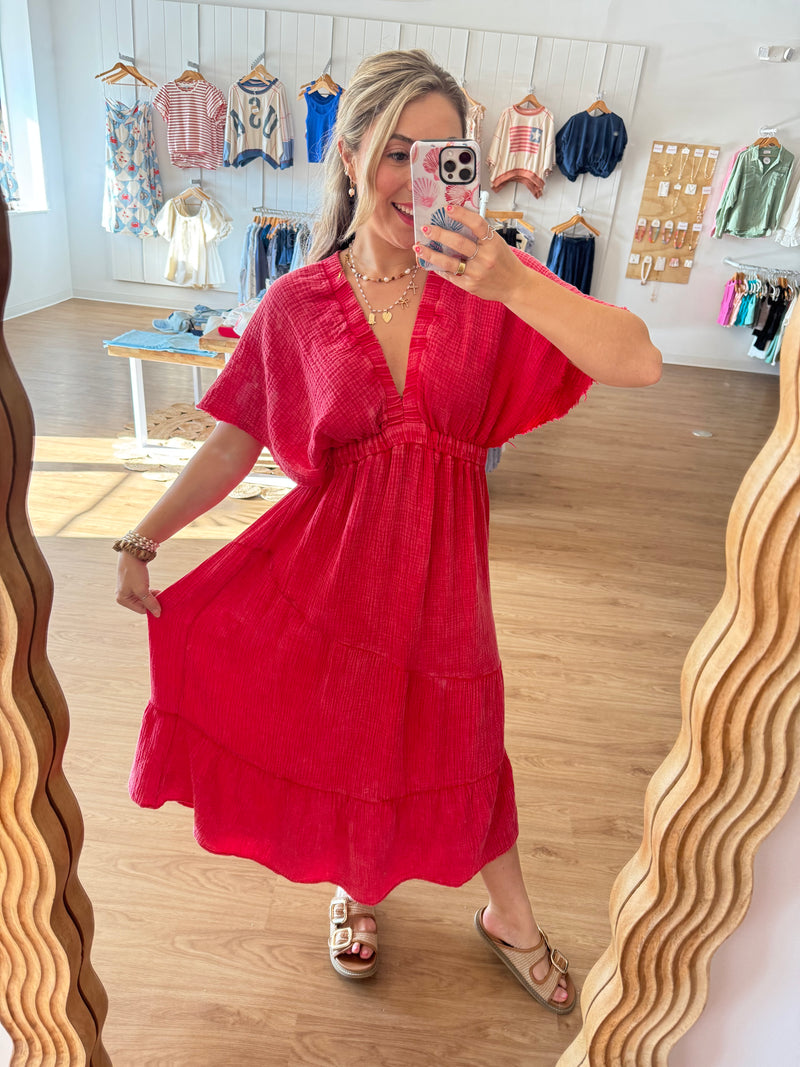 Berry Linen Kimono Sleeve Midi Dress