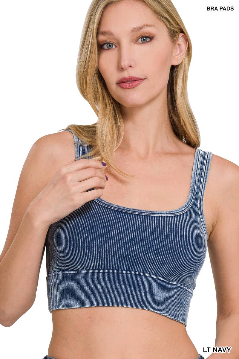 Washed Ribbed Square Neck Cropped Tank Top With Bra Pads: LT NAVY / 3-3 (S/M-L/XL)