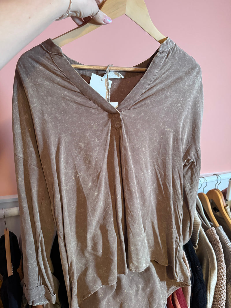 Casual Light Brown Washed V Neck Top