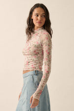 Soft Spring Floral Mesh Lettuce-Edge Thumbhole High-Neck Top