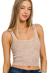 Washed Ribbed Square Neck Bra Padded Tank Top: CORAL / 3-3 (S/M-L/XL)