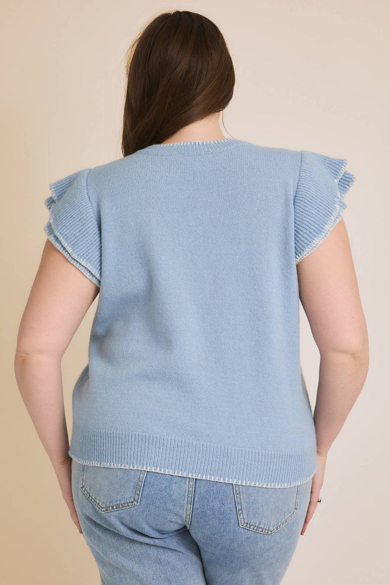 Light Blue Ruffle Short Sleeve Sweater