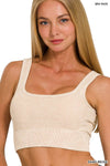 Washed Ribbed Square Neck Cropped Tank Top With Bra Pads: LT NAVY / 3-3 (S/M-L/XL)