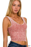 Washed Ribbed Cropped Bra Padded V-neck Tank Top: HOT PINK / 3-3 (S/M-L/XL)