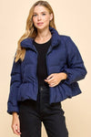 CJ6606-Peplum Bubbled Hem Puffer Jacket: NAVY / S