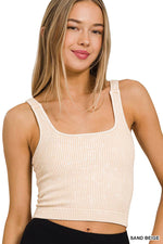 Washed Ribbed Square Neck Bra Padded Tank Top: CORAL / 3-3 (S/M-L/XL)