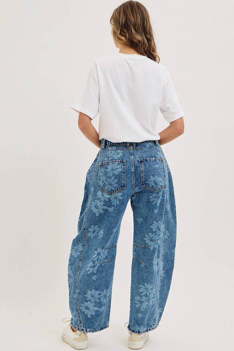 Denim Washed Floral Print Barrel Jeans