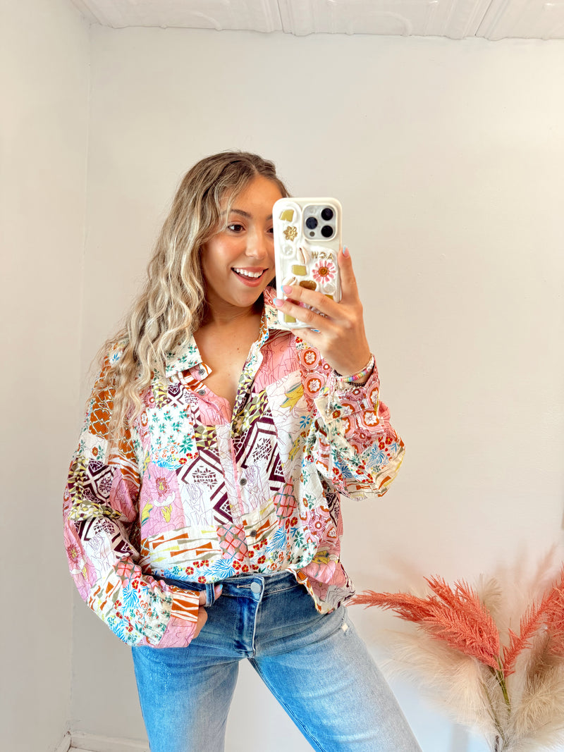 Abstract Colorful Printed Button Down Shirt