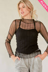 PLUS TURTLE NECK LACE STRETCH MESH SHEER TOP: Black / 1XL