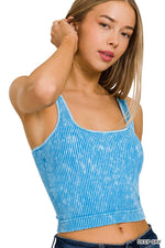 Washed Ribbed Square Neck Bra Padded Tank Top: MOCHA / 3-3 (S/M-L/XL)