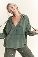 Mineral Wash Vneck Hoodie Sweatshirt with Thumbholes : Olive