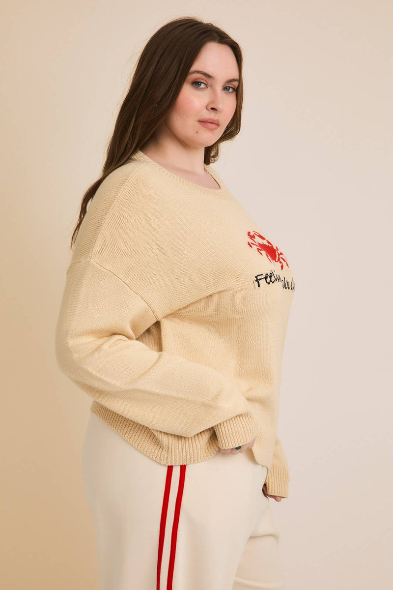 PLUS ROUND NECK LONG SLEEVE"FEELING CRABULOUS" SWEATER: IVORY / 1X