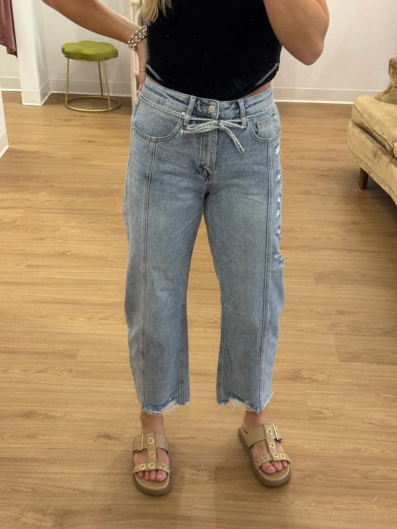 High Rise Barrel Jeans with Tie: Light Wash DIstressed