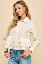 CT9128-Button Up Long Sleeve Peplum Waist Top: CREAM / S