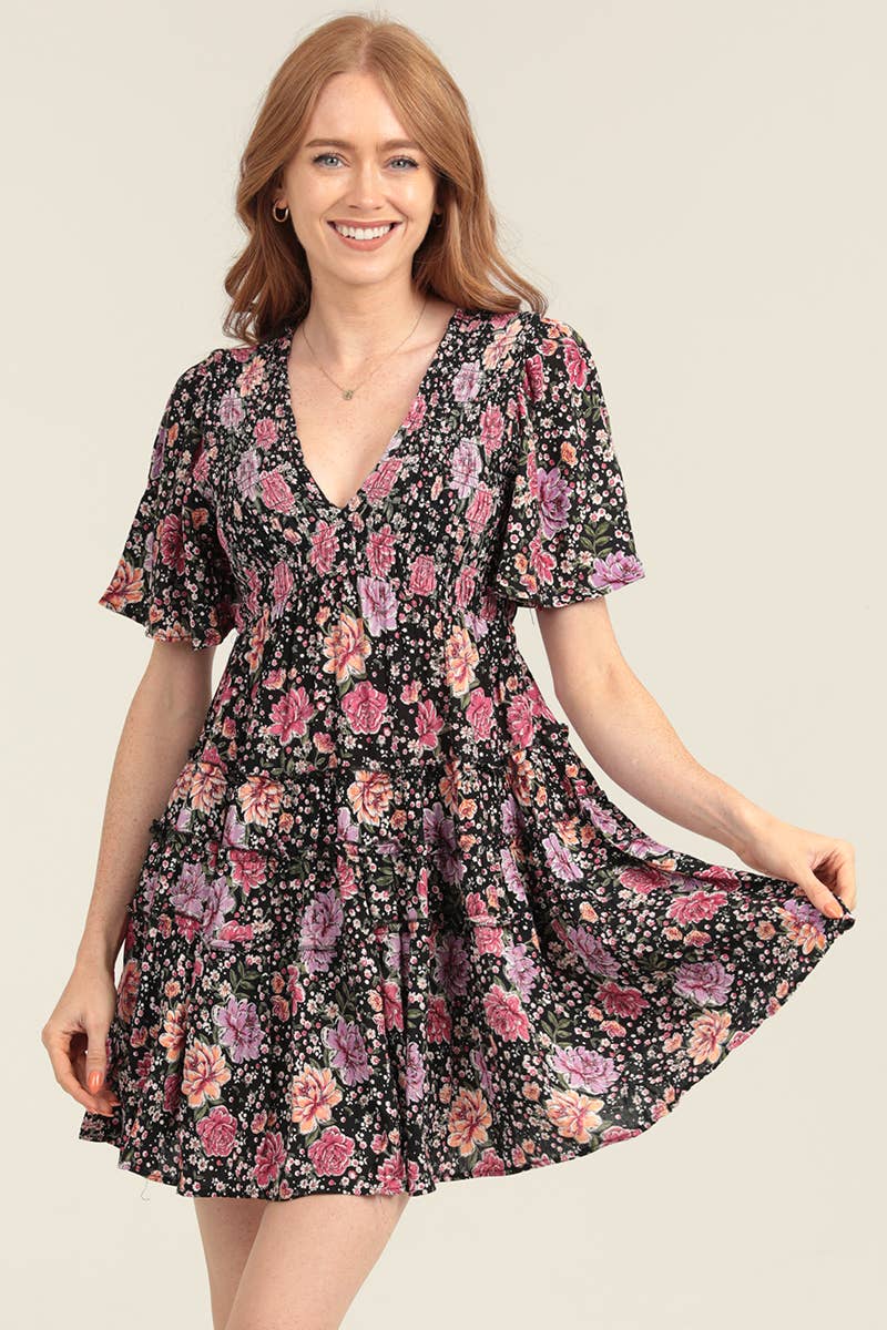 Black & Purple Chrysanthemum Smocked Dress