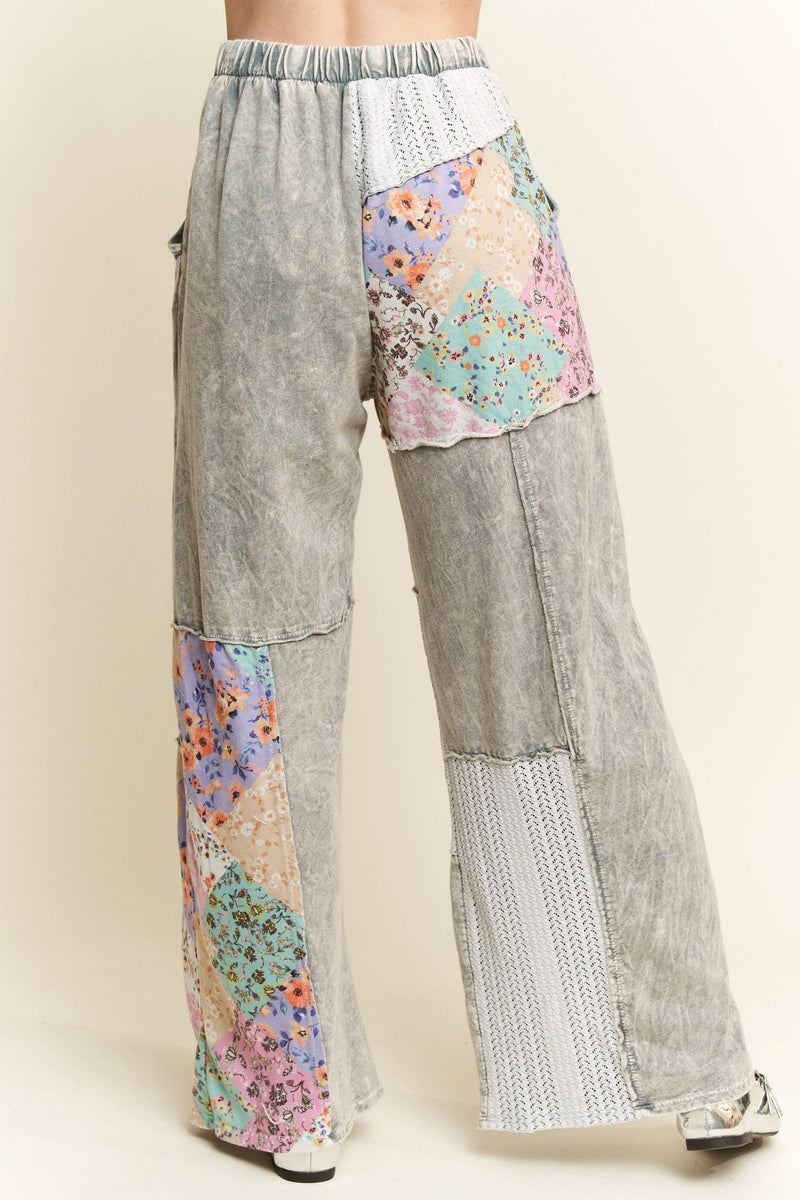 Mineral Washed Floral WaveKnit Jacquard Boho Pants HP6106: Natural / S-M-L / 2-2-2