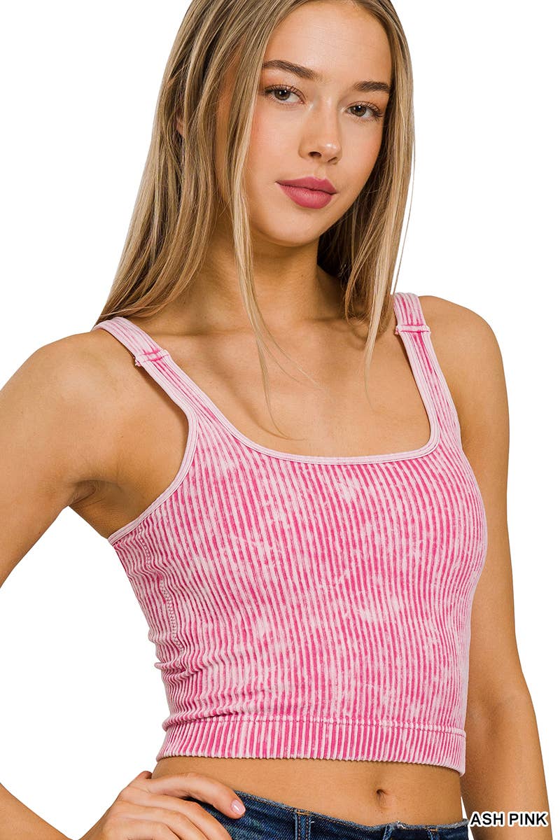 Washed Ribbed Square Neck Bra Padded Tank Top: ASH BLACK / 3-3 (S/M-L/XL)